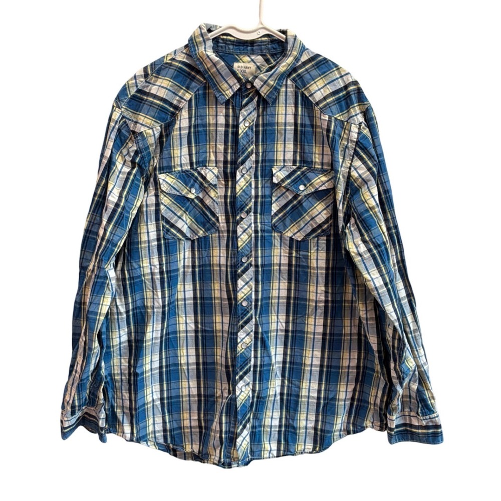 Old Navy Mens XXL Blue Yellow Plaid Western Snap Front Long Sleeve Cotton Shirt